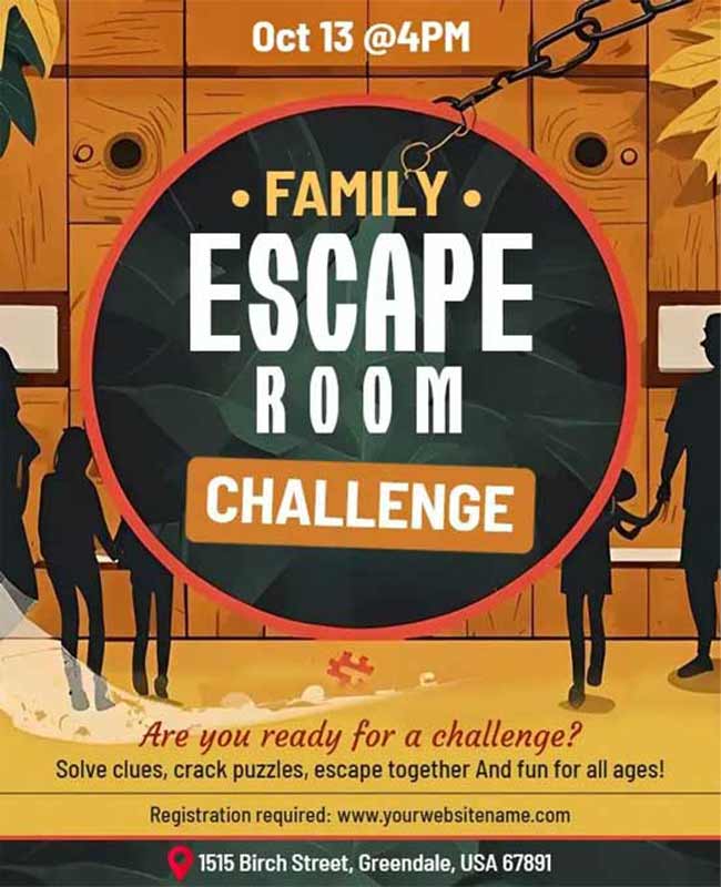 Family Escape Room Challenge Adventure Flyer Design with Exciting Elements