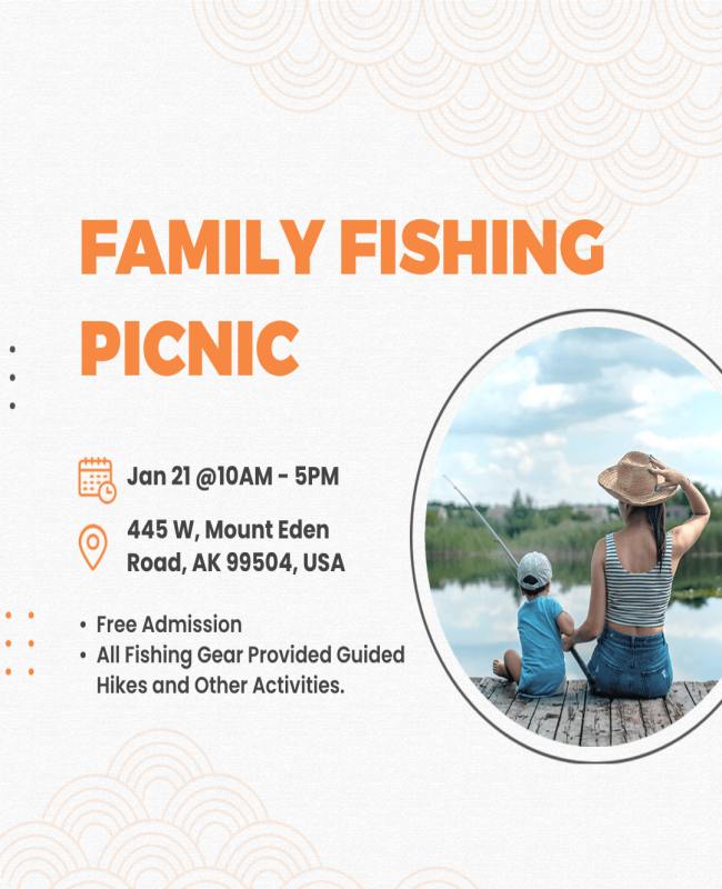 Family Fun Fishing Event Flyer showing people enjoying a fishing outing with lively activity.