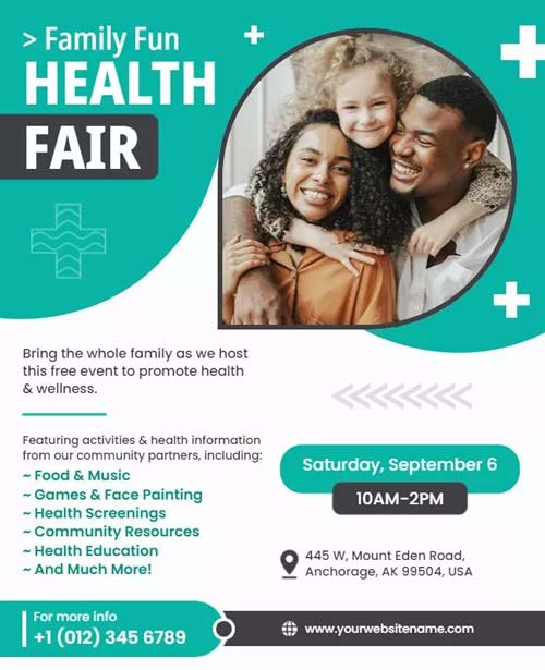 Vibrant Flyer Highlighting Family Fun Activities With Health Fair Event Details