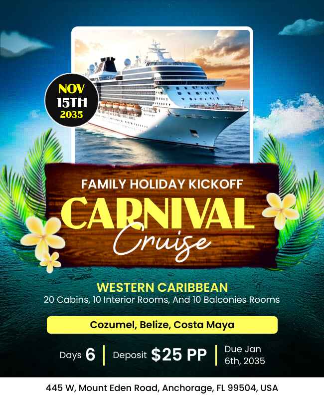 Family holiday carnival cruise flyer template featuring fun-filled vacation deals.