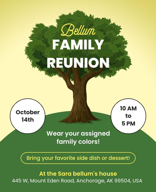 Family tree-themed flyer showcasing family lineage visuals, event details, and an inviting layout