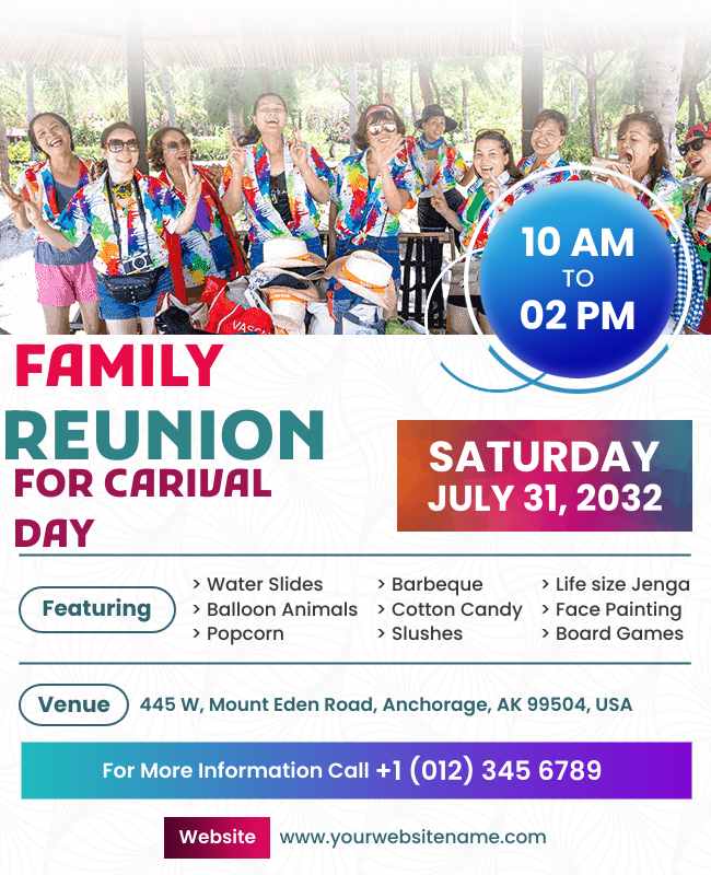 Colorful carnival-themed flyer featuring fun activities, food, and entertainment details for a family event