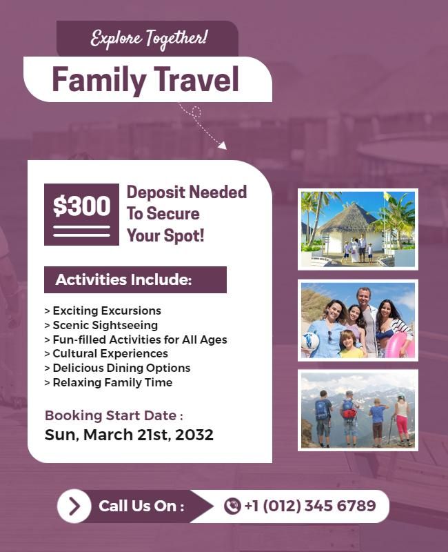 Family vacation flyer showcasing a welcoming hotel with fun activities for all ages.