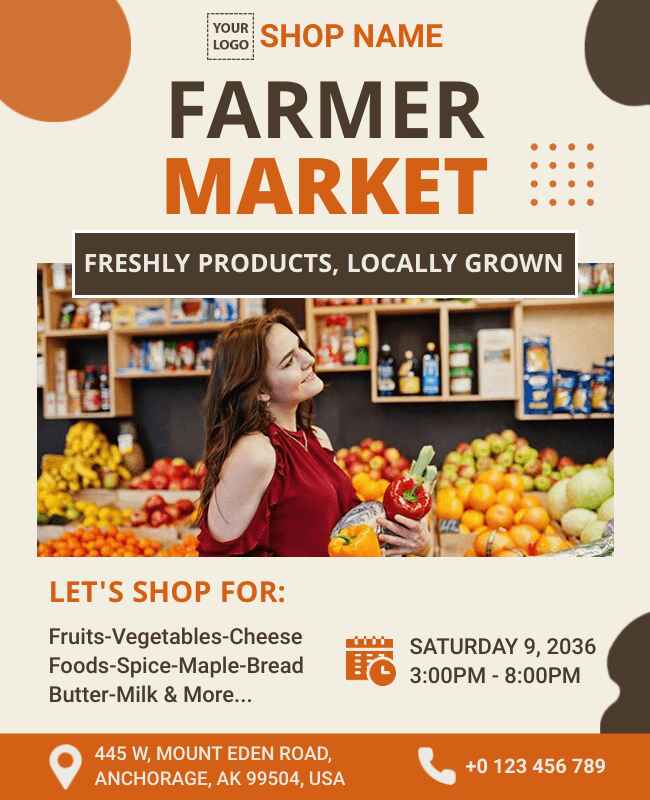 Traditional farmers market flyer showcasing vibrant fruits and vegetables.