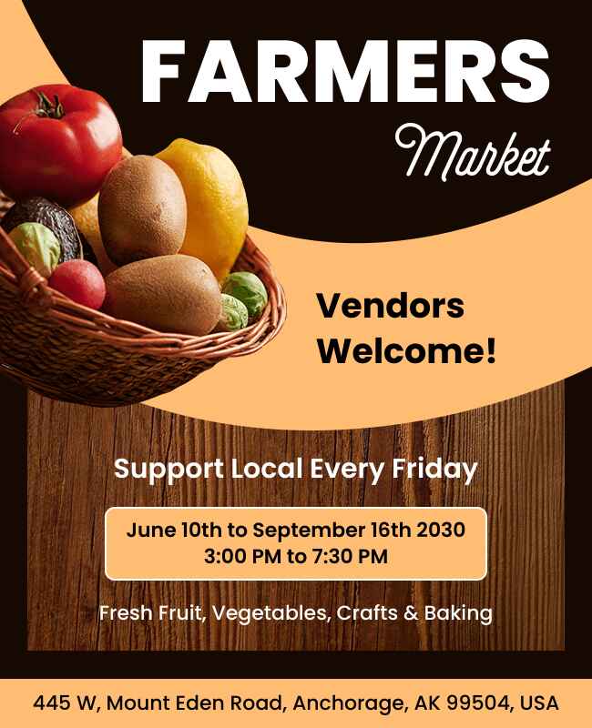 Vendor support flyer for farmers markets featuring fresh produce and bold typography.