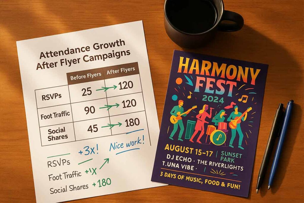Harmony Fest flyer with event details, date, and location, featuring vibrant colors and music-themed designs.