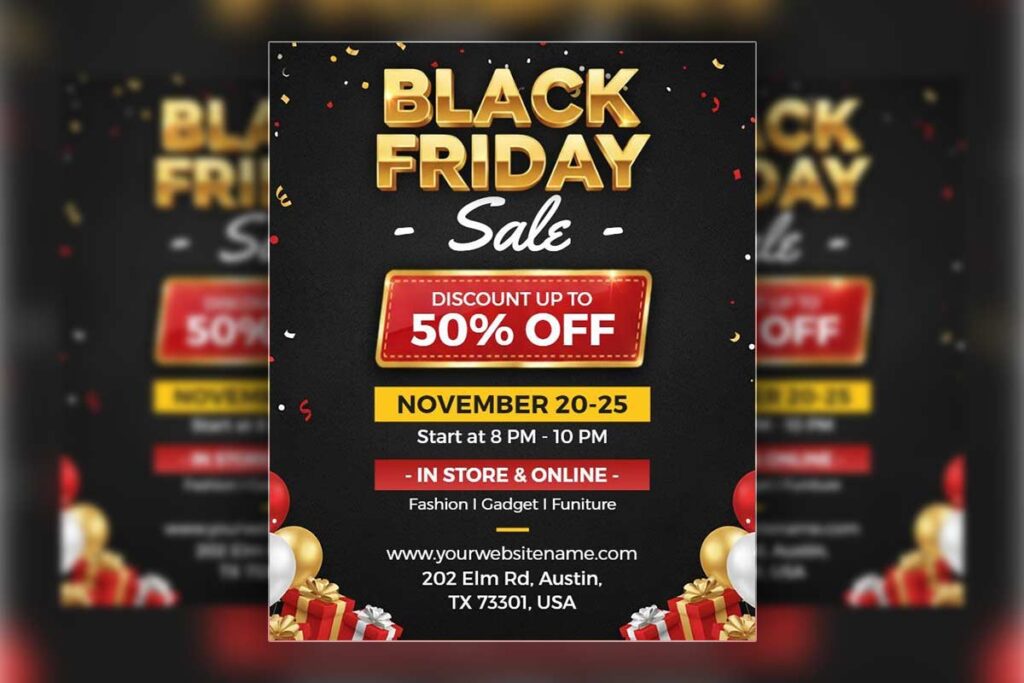 Festive Gold and Black Black Friday Shopping Event Flyer Template
