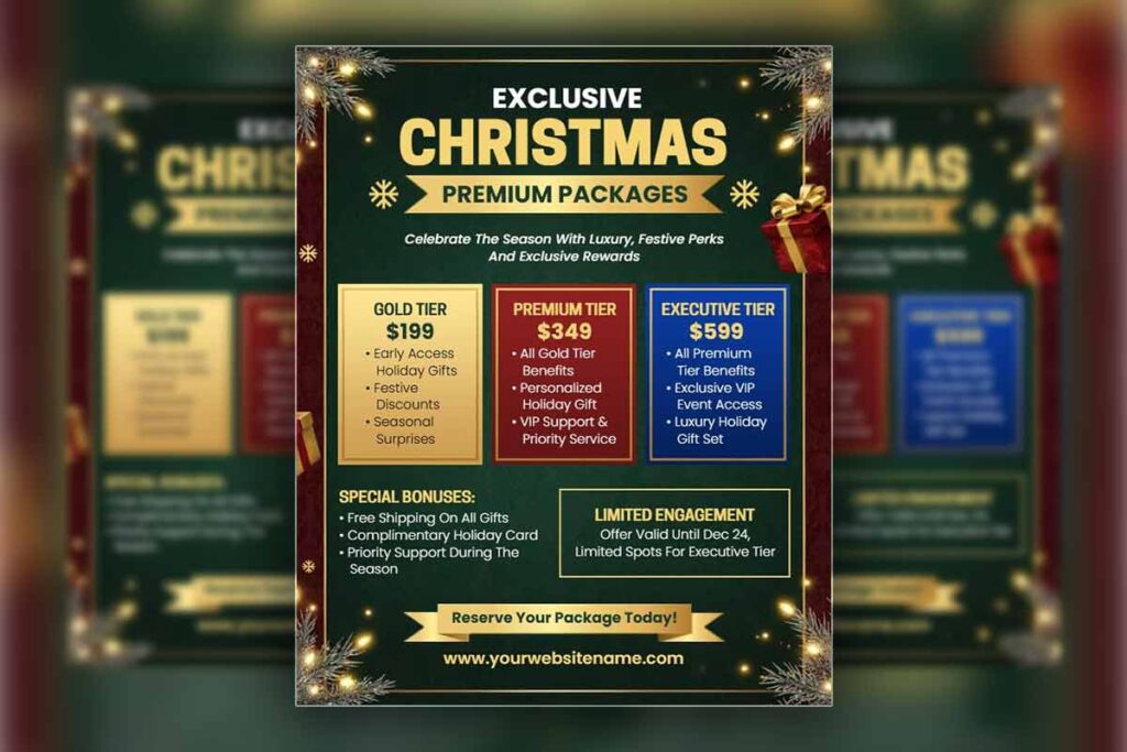 Festive Gold and Green Christmas Packages Promotion Flyer Template