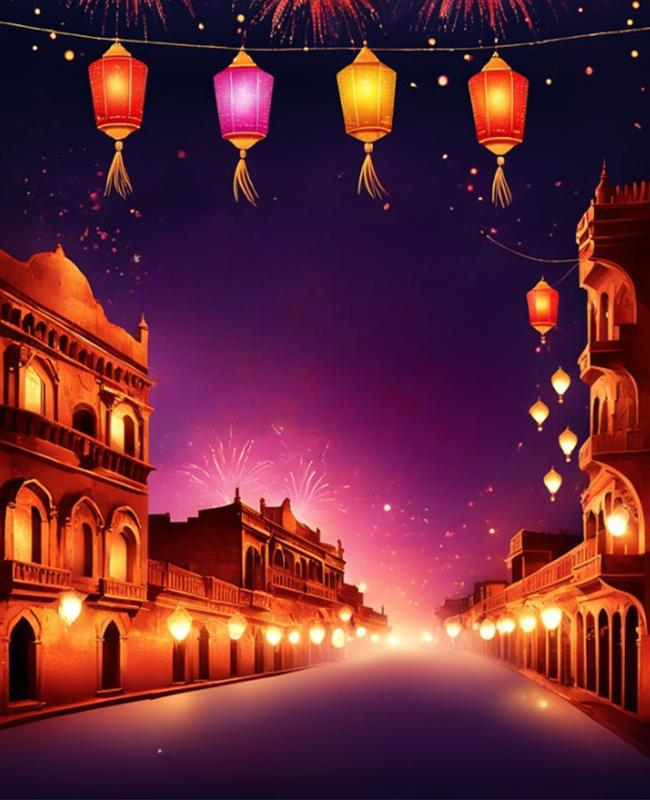 Beautiful Diwali night street background with colorful lanterns, traditional Indian buildings, and fireworks