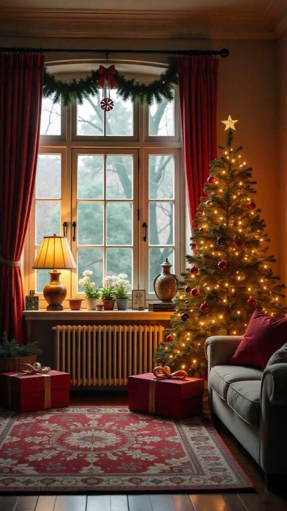 Festive Traditional Living Room Filled With Holiday Décor, Decorated Christmas Tree