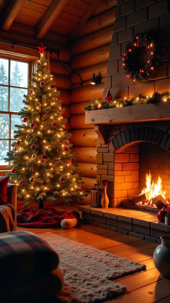 Fireplace and Christmas Tree with Blankets Background