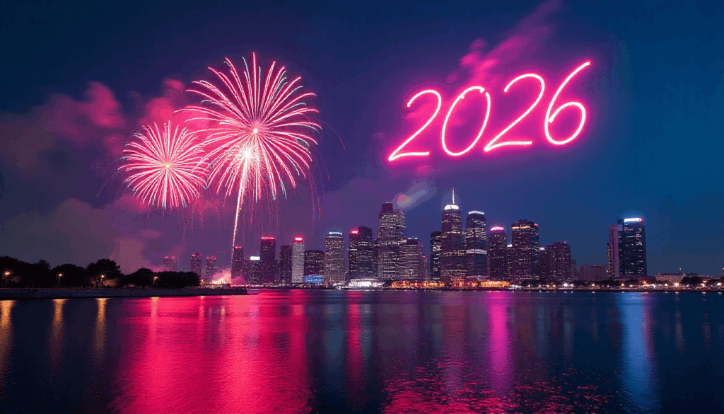 fireworks over city skyline