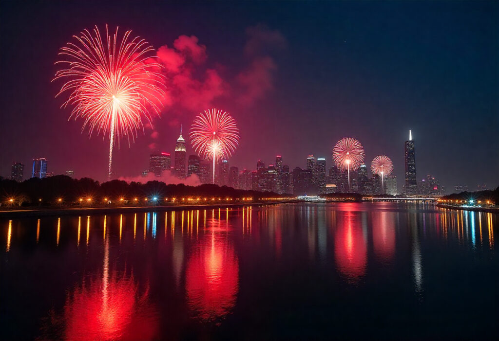 Fireworks Over City Skyline