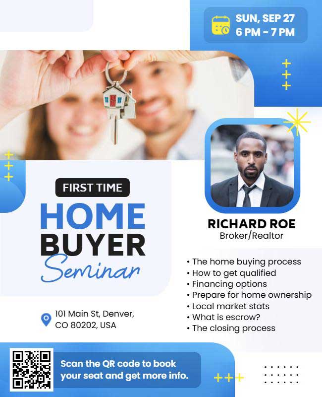 First-Time Home Buyer Seminar Flyer Featuring Informative and Welcoming Design