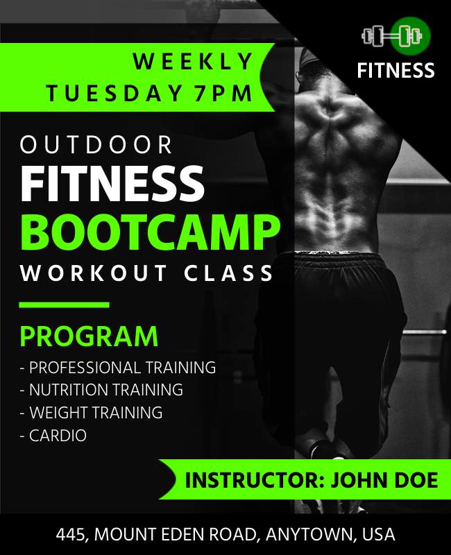 Fitness bootcamp flyer featuring action-packed imagery and motivational language.







