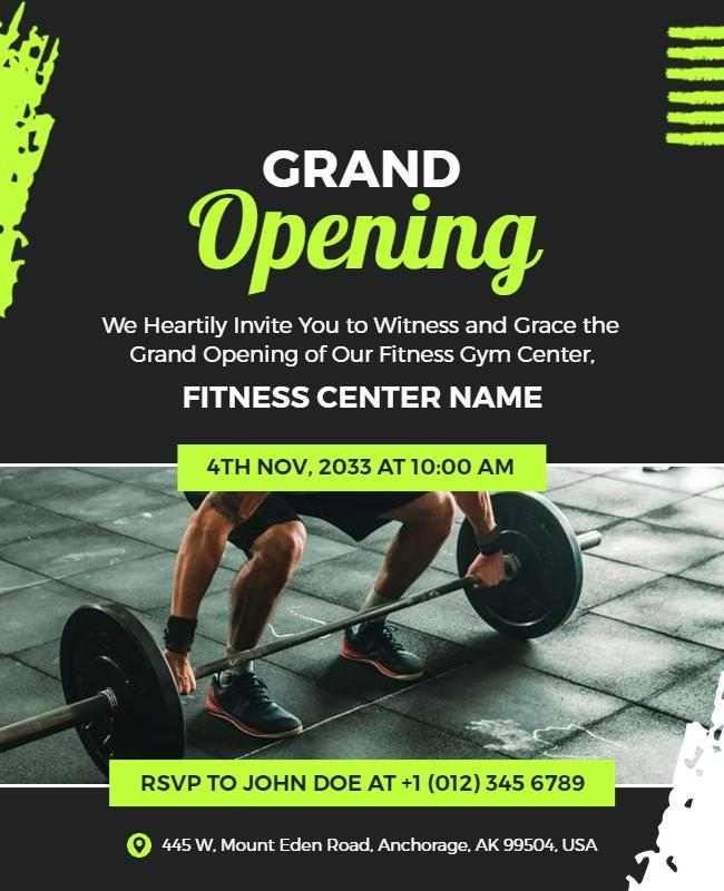 Gym opening event flyer showcasing grand opening details and exclusive offers for attendees