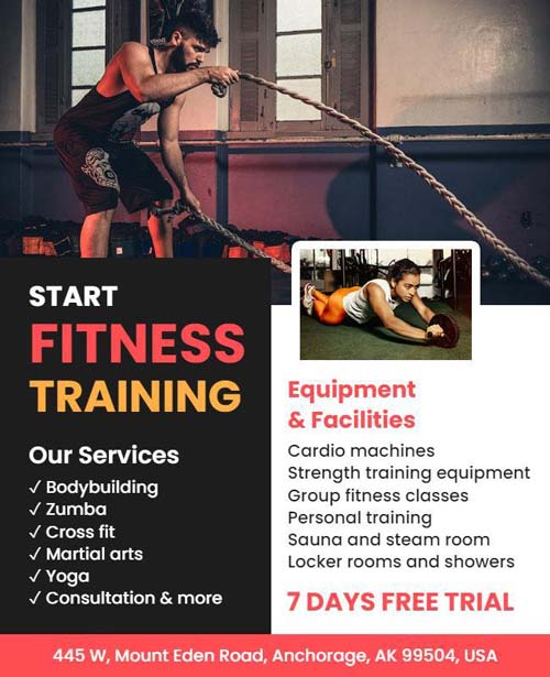 Fitness Training Free Trial Flyer Featuring Bold Design and Special Offer Details