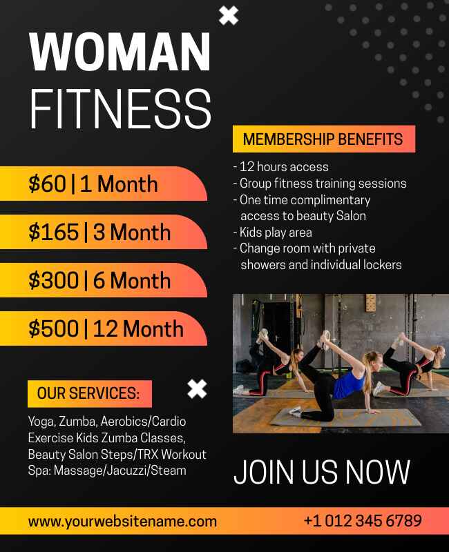 Fitness woman gym flyer template promoting membership and workout plans.