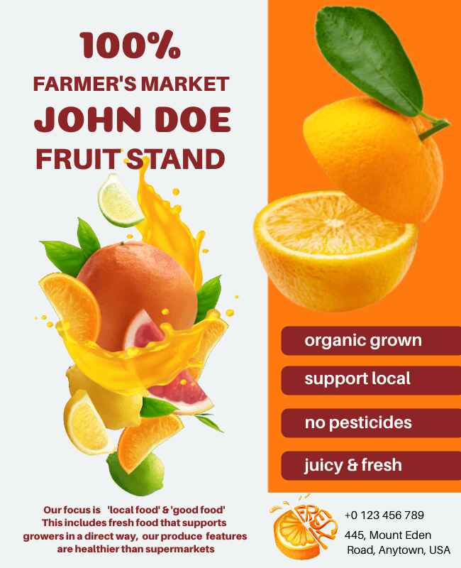 Farmers market flyer in red and white with elegant layout and fresh produce visuals.