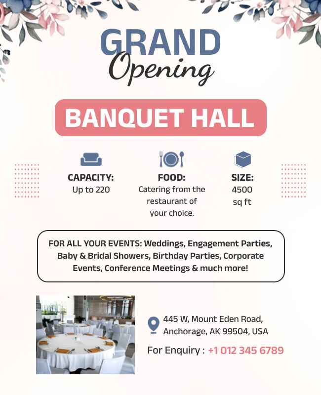 Floral banquet flyer for grand opening with vibrant flower designs.