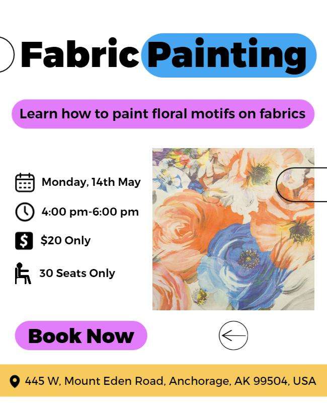 Flyers show floral painting for a fabric workshop with pastel shades, teaching fabric painting techniques.