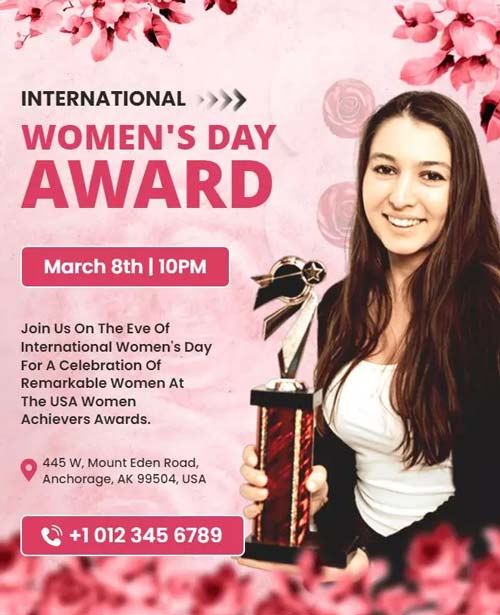 Floral International Women's Day Award Flyer With Elegant Flower Designs and Event Details