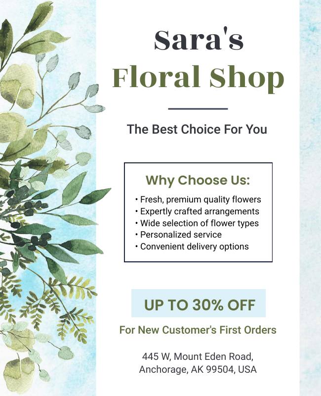 Flyer for promoting a floral shop with vibrant floral imagery.