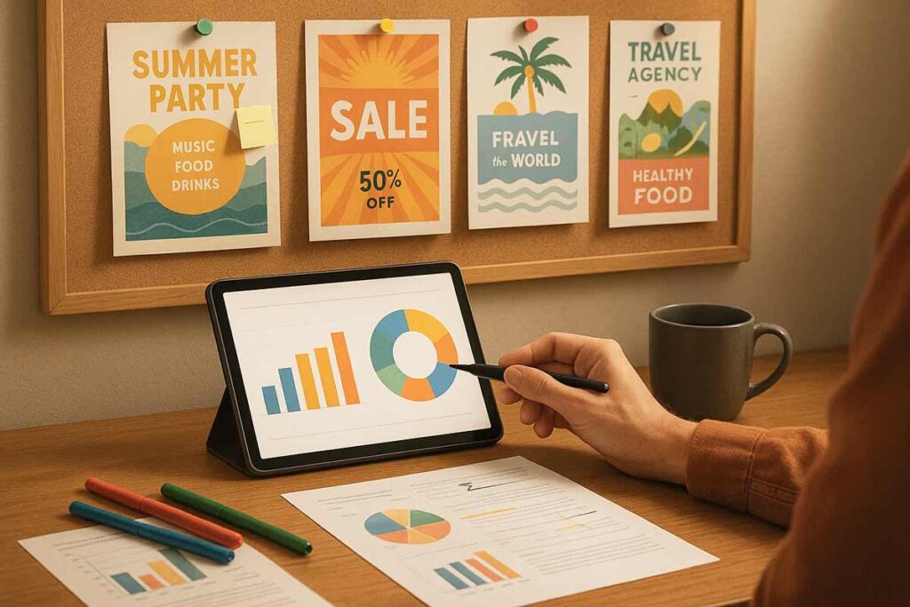 Person reviews tablet charts amid colorful flyers