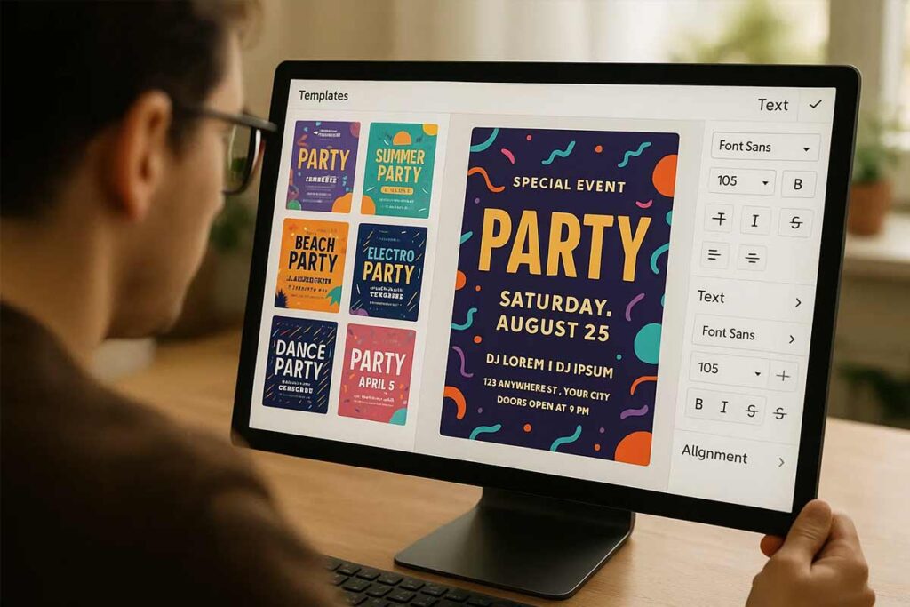 A man gazes at a computer screen displaying a colorful party flyer.