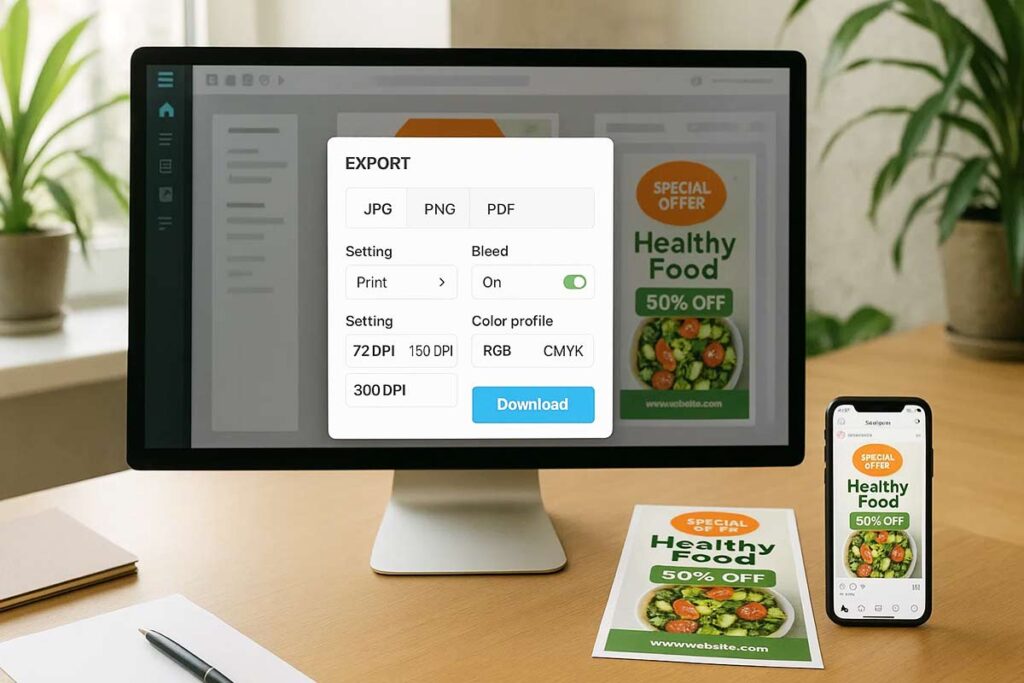 Monitor shows Healthy Food flyer export dialog, with printed flyer and matching Instagram post on phone nearby.
