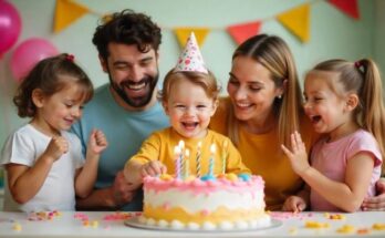 A lively birthday party with a child cutting a colorful cake, parents and guests celebrating with balloons and decorations