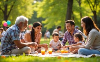 Family enjoying a joyful reunion in a park, highlighted with vibrant decorations and lively interactions