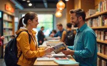 A cheerful buyer purchasing a yearbook from an enthusiastic seller in a vibrant shop