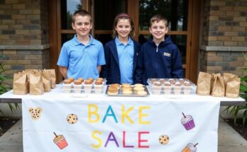 Kids at a bake sale table with treats and a colorful sign