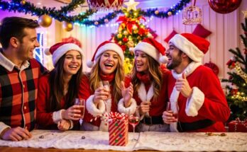 A festive Christmas party with cheerful people, surrounded by decorations, twinkling lights, and a beautifully decorated tree