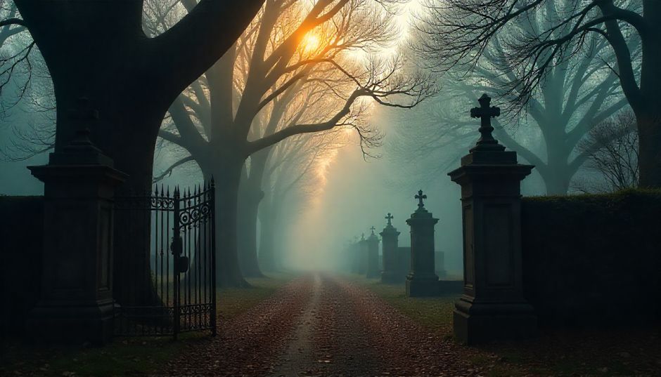 foggy graveyard daylight scene