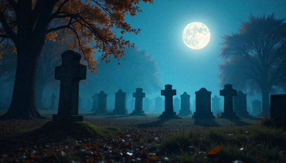 foggy graveyard night scene