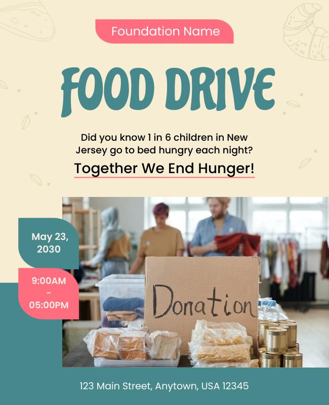 Food drive flyer with images of canned goods, donation details, drop-off points, and a call-to-action.