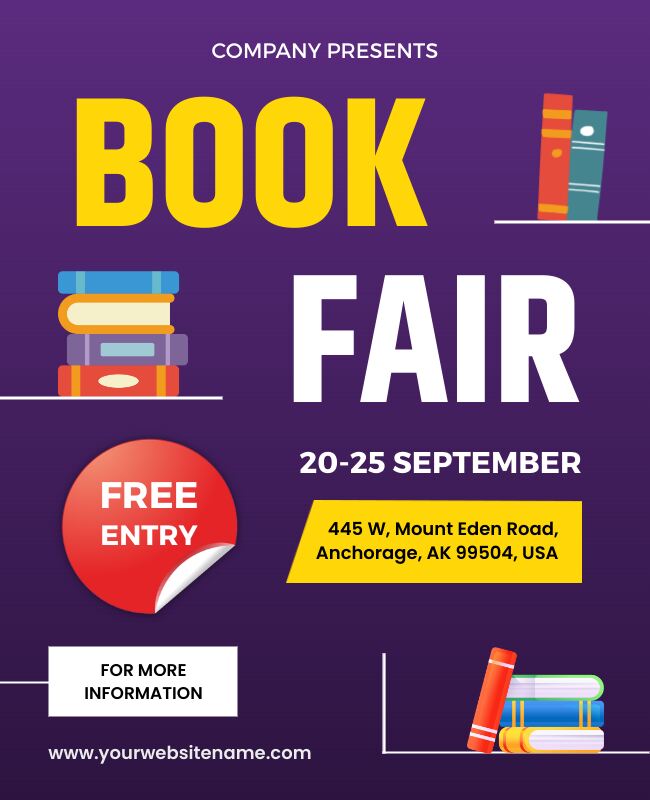 Dark Purple Free Entry Book Fair Flyer Template