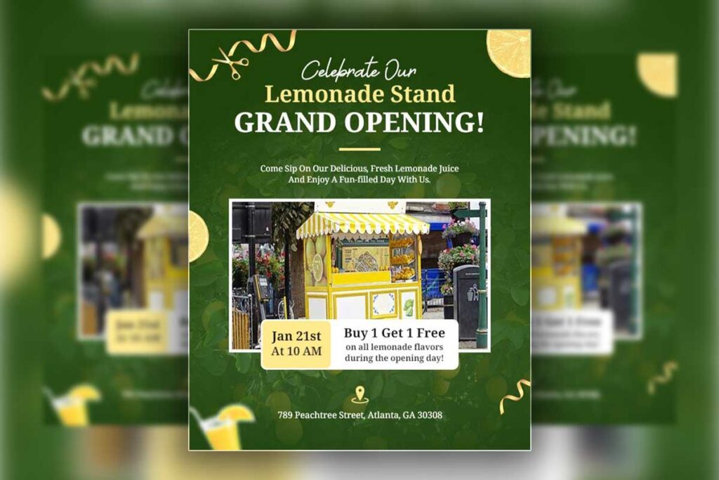 Fresh Green Lemonade Stand Grand Opening Celebration Flyer Template
