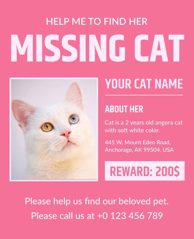 Missing cat flyer with bold text, pet photo, contact details, and reward offer for assistance.