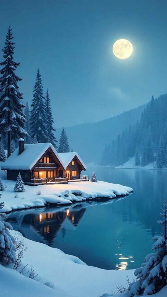 Frozen Lake With Winter Cabins Background