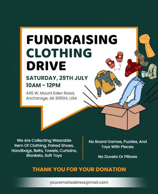 Fundraising Clothing Drive Event Flyer Featuring Bold Typography and Donation Details