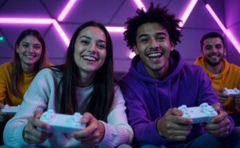 Excited friends playing video games together in a neon-lit room