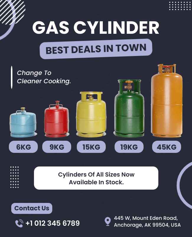 Geometric gas cylinder flyer with modern shapes and bold typography