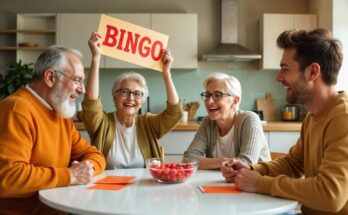 Group of happy people celebrating a bingo win at home