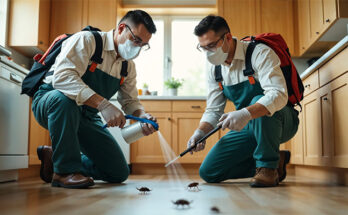 Pest control workers in a kitchen, spraying and trapping cockroaches while wearing safety gear