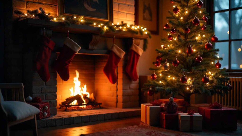 Gift Night Scene by the Fire Background