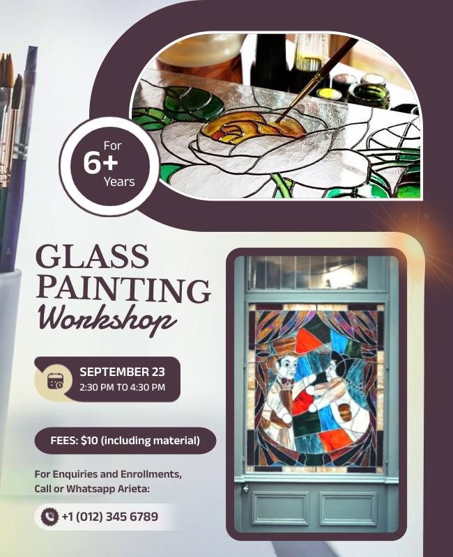 Elegant glass painting workshop flyer with soft colors and hands-on techniques