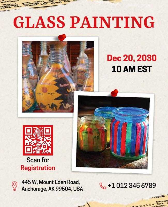 Elegant glass painting workshop flyer with soft colors and hands-on techniques